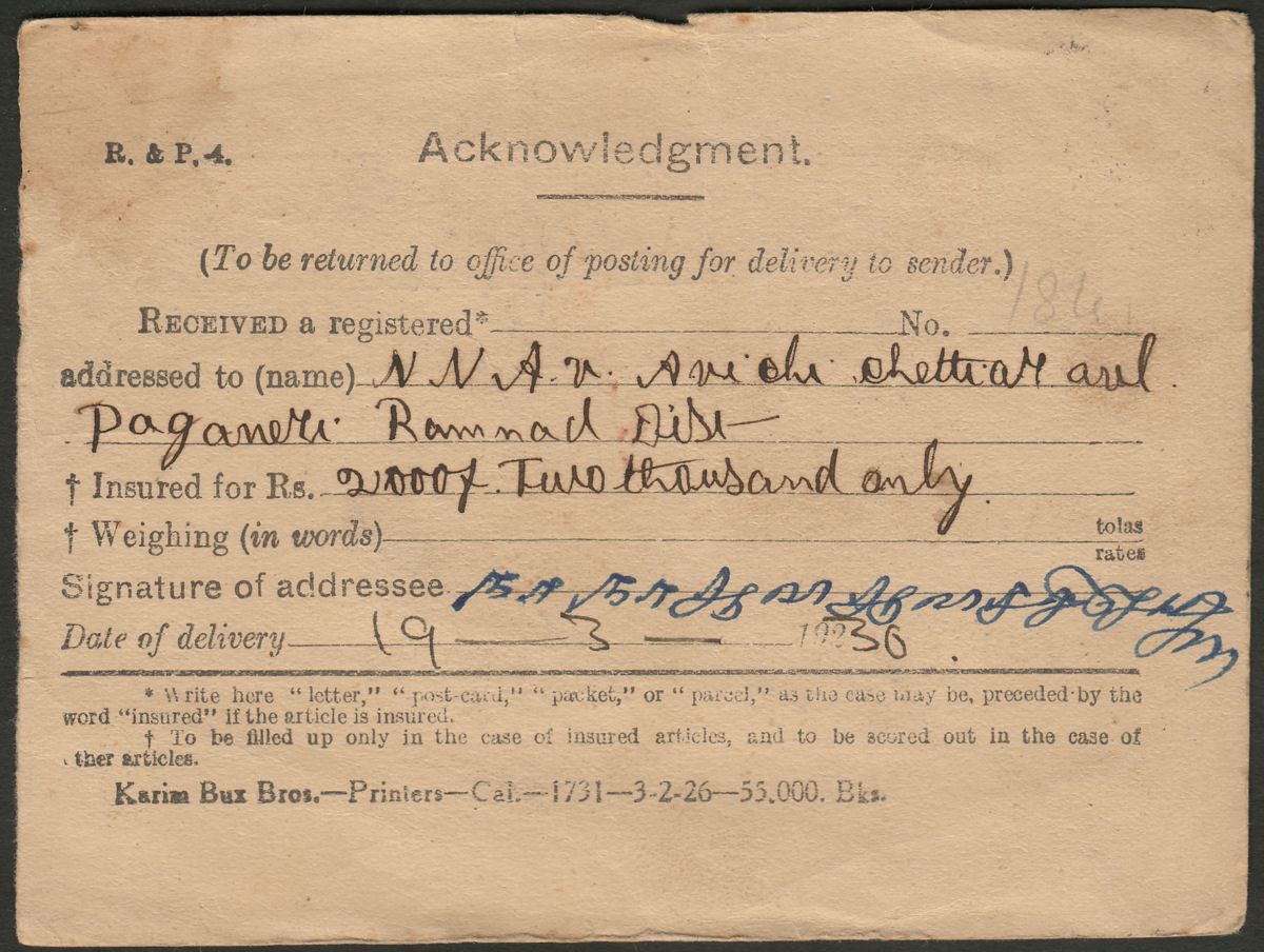 Burma 1930 Postal Service Acknowledgment Postcard Used Rangoon - PAGANERI India