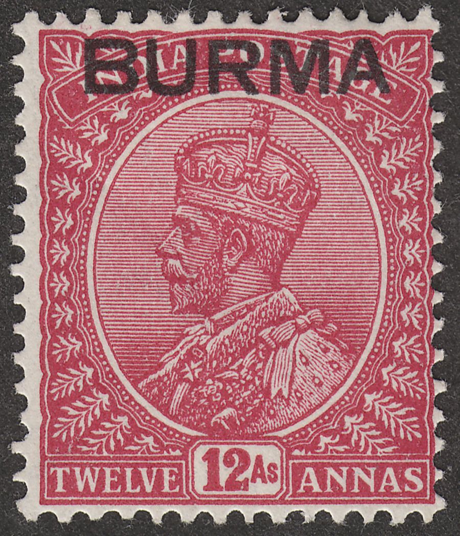 Burma 1937 KGV Opt on India 12a Claret Mint SG12