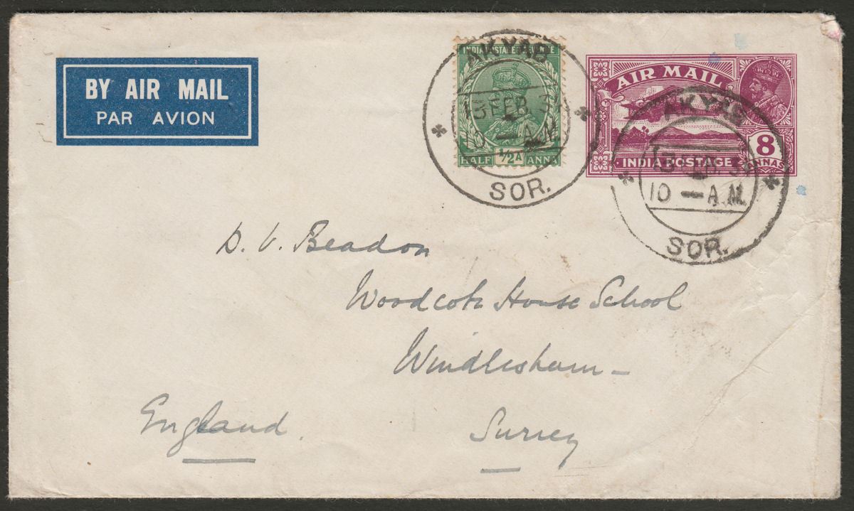India Used Burma 1934 ½a Uprating 8a Airmail Postal Stat Cover AKYAB to UK