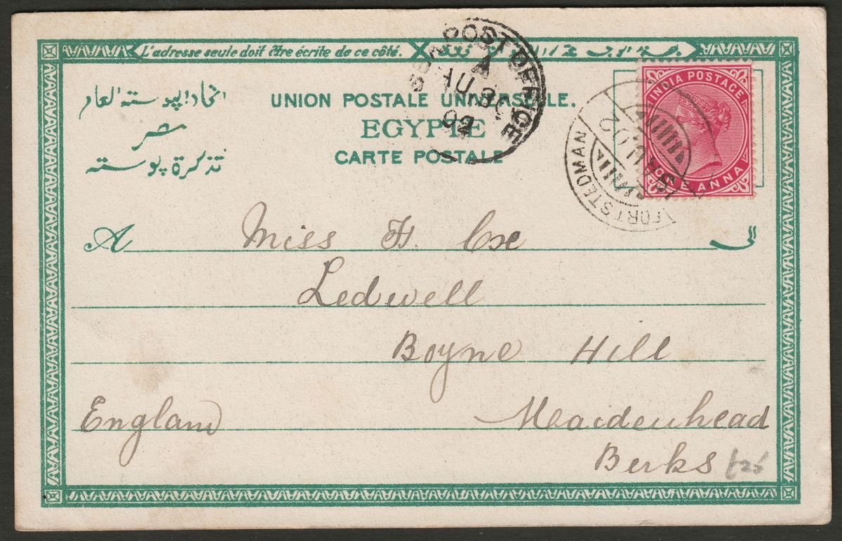 India Used Burma 1903 QV 1a Used on Postcard FORT STEDMAN - UK SEA POST OFFICE A
