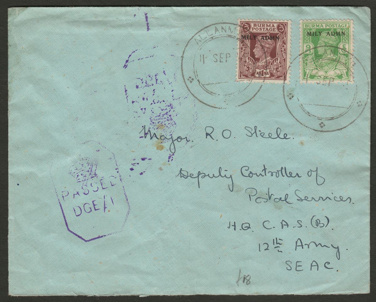 Burma 1945 KGVI MILY ADMIN 1a 9p Cover - ALLANMYO Postmark Proud NS Censor Marks