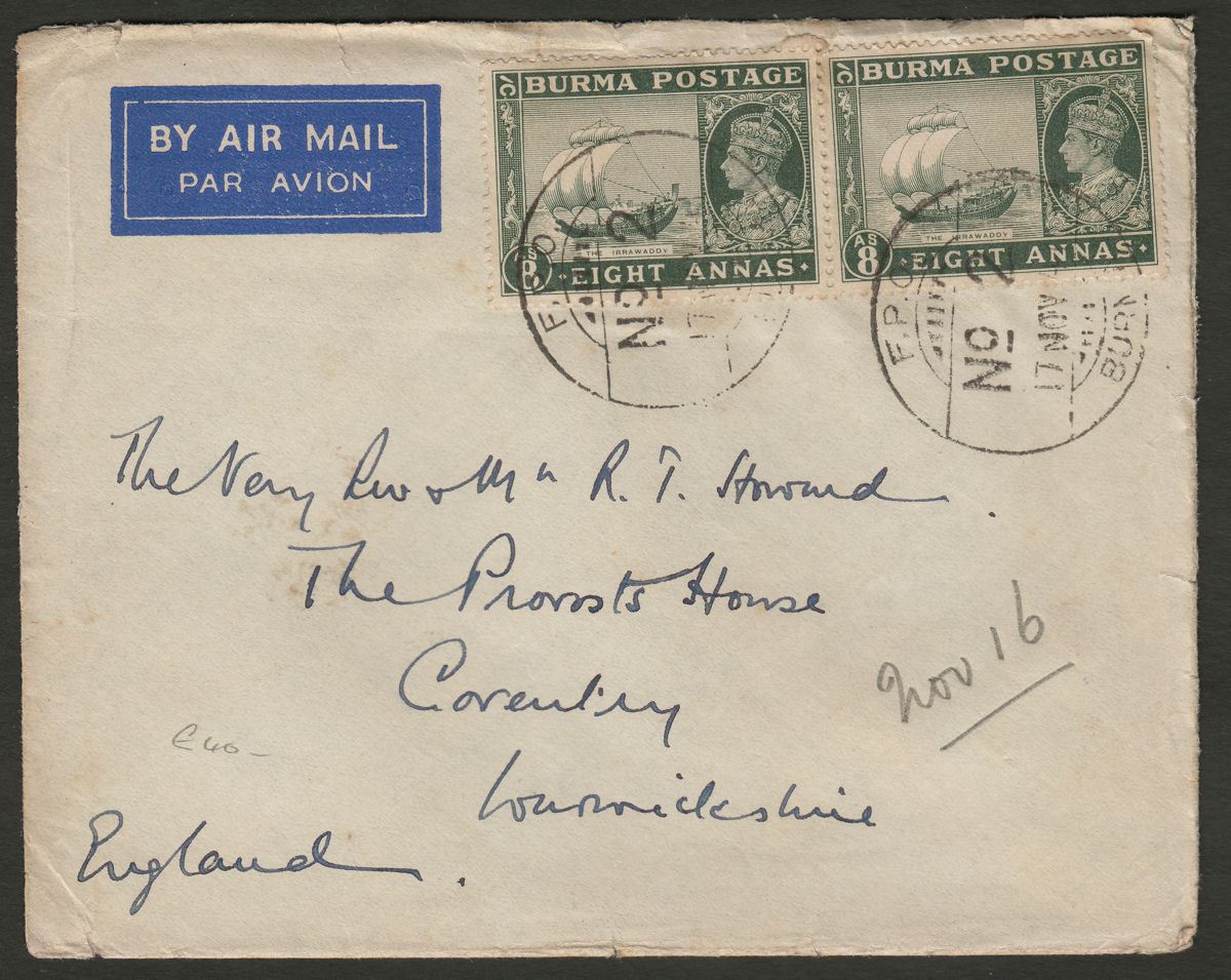 Burma 1941 KGVI 8a x2 Used on Airmail Cover with FPO / BURMA / No 2 Postmarks