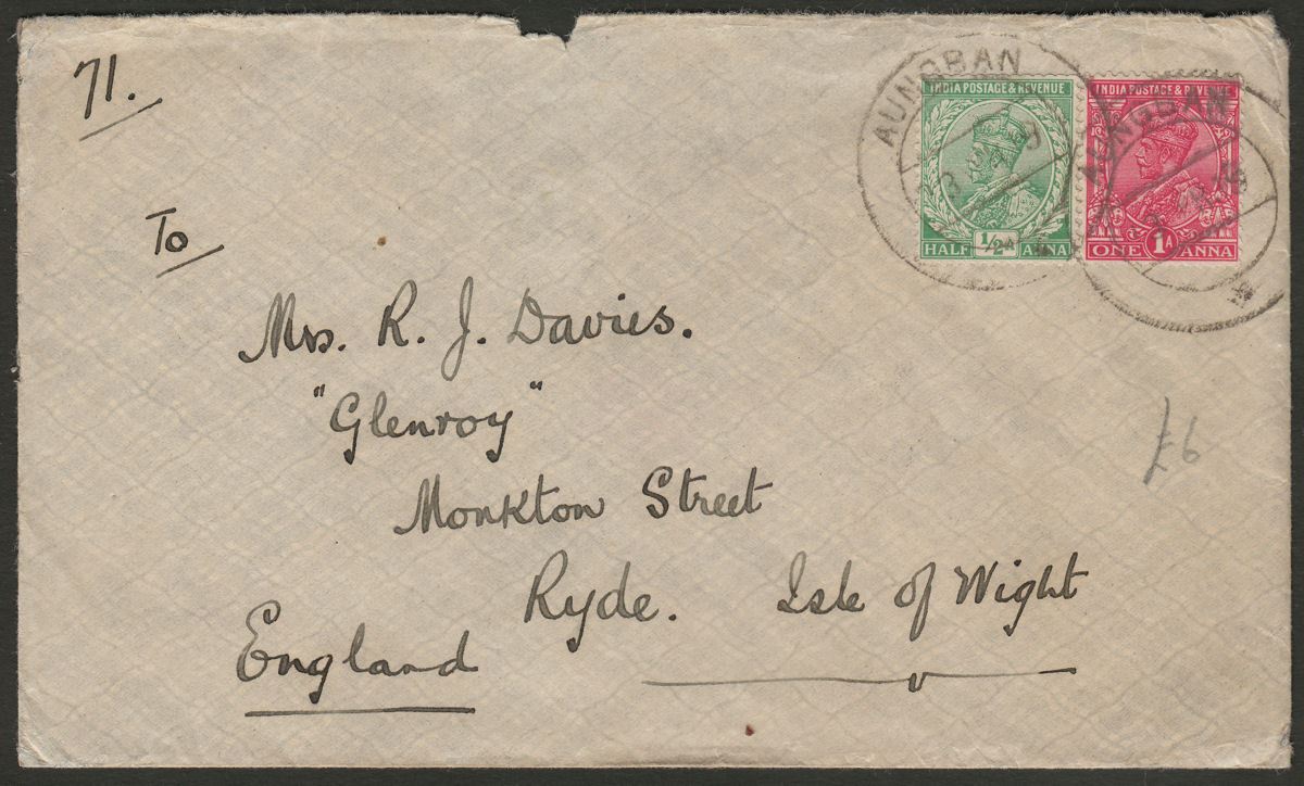 India Used Burma 1919 KGV 1a, ½a Used Cover with AUNGBAN Postmark Proud Unlisted