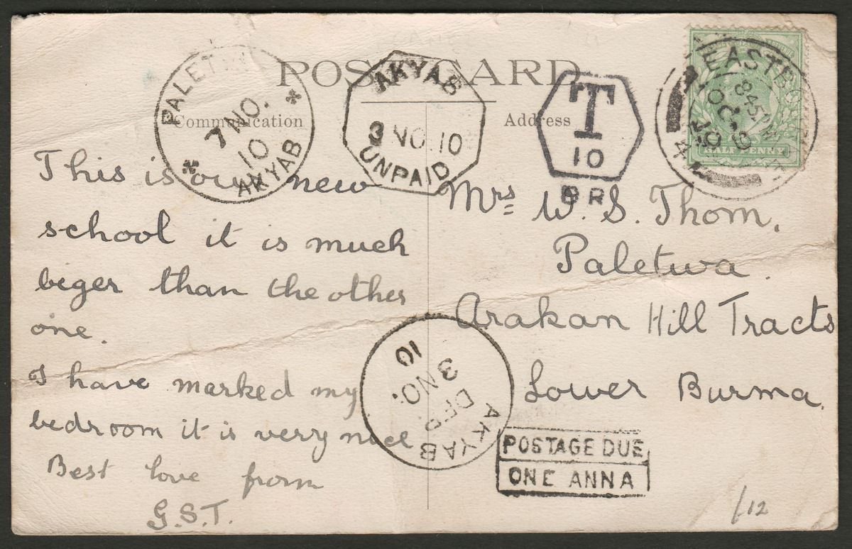 GB 1910 KEVII ½d on Underpaid Postcard to PALETWA, Akyab, Burma PD + T Marks