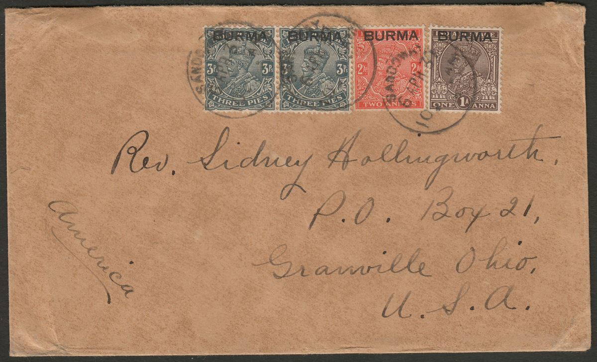 Burma 1937 KGV 3p x2, 2a, 1a Used on Cover to USA with SANDOWAY Postmark