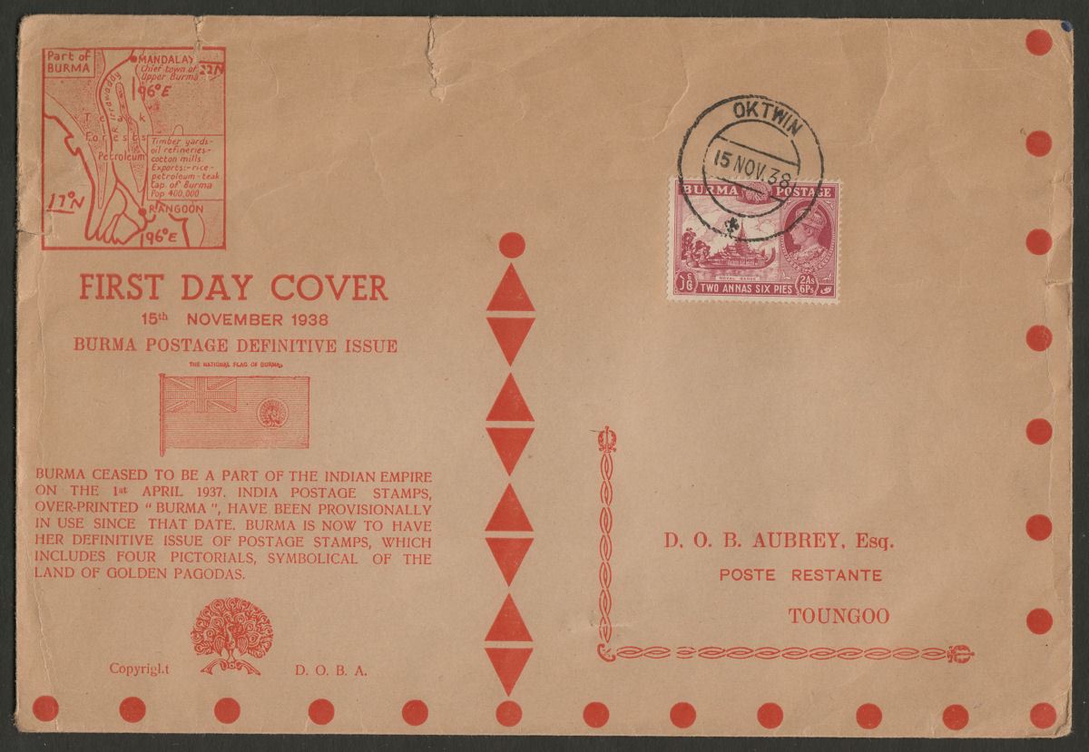 Burma 1938 KGVI 2a6d on large Illustrated First Day Cover with OKTWIN Postmark
