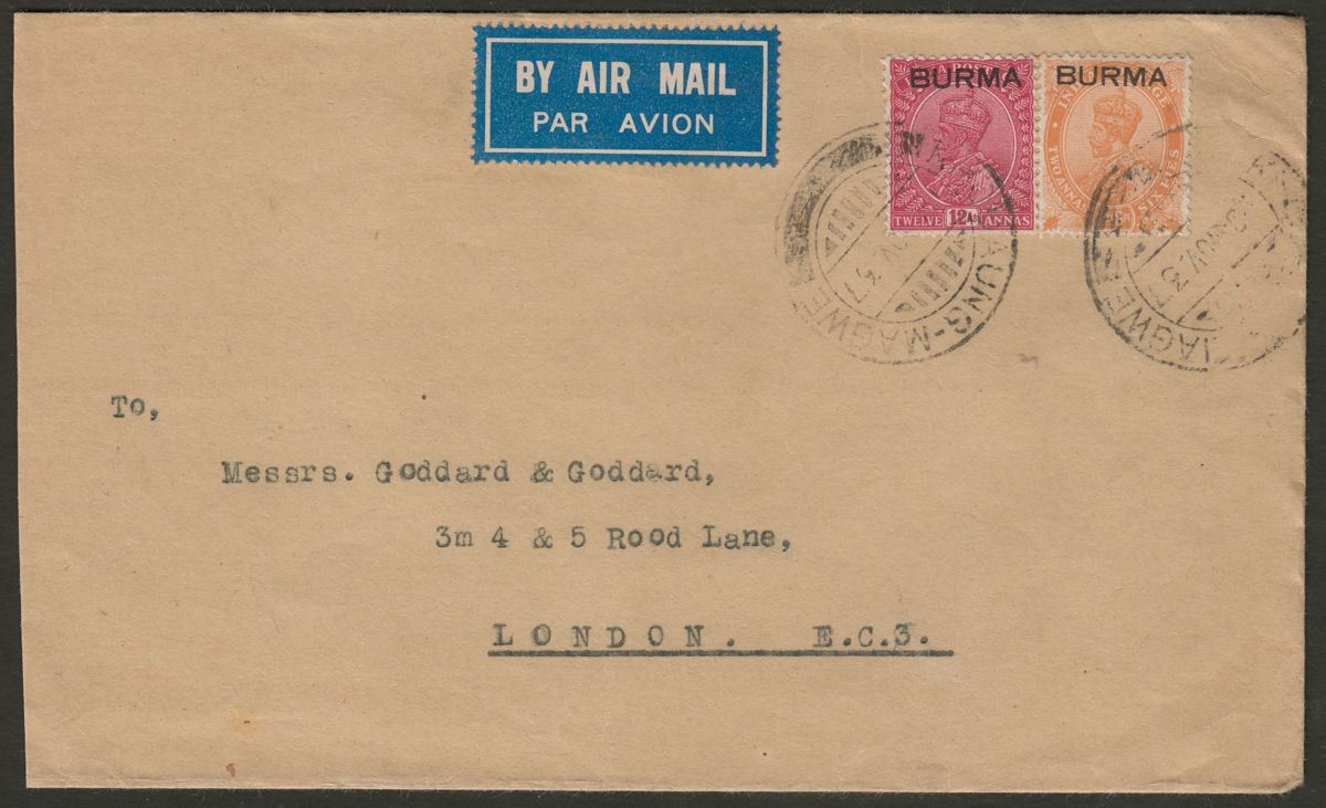 Burma 1937 KGV 12a and 2a6p Used on Cover - UK with KHODAUNG-MAGWE Postmarks