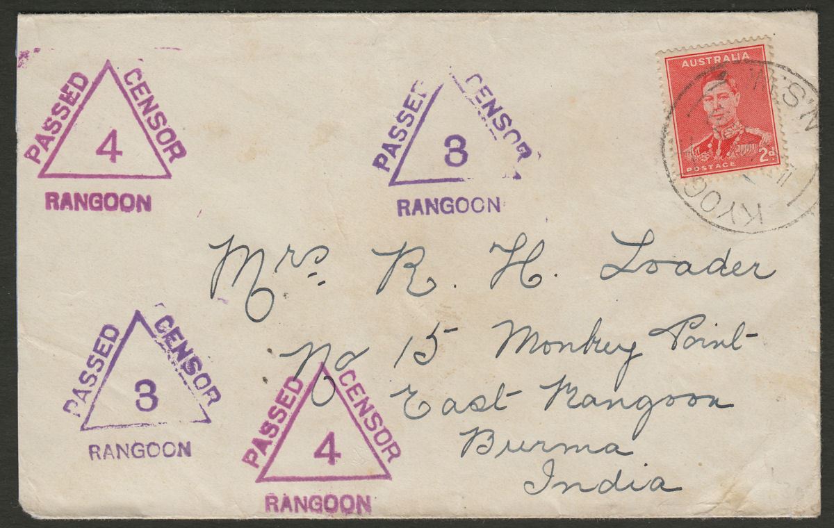 Australia 1939 KGVI 2d Used on Multi Censor Mark Cover KYOGLE to Rangoon, Burma