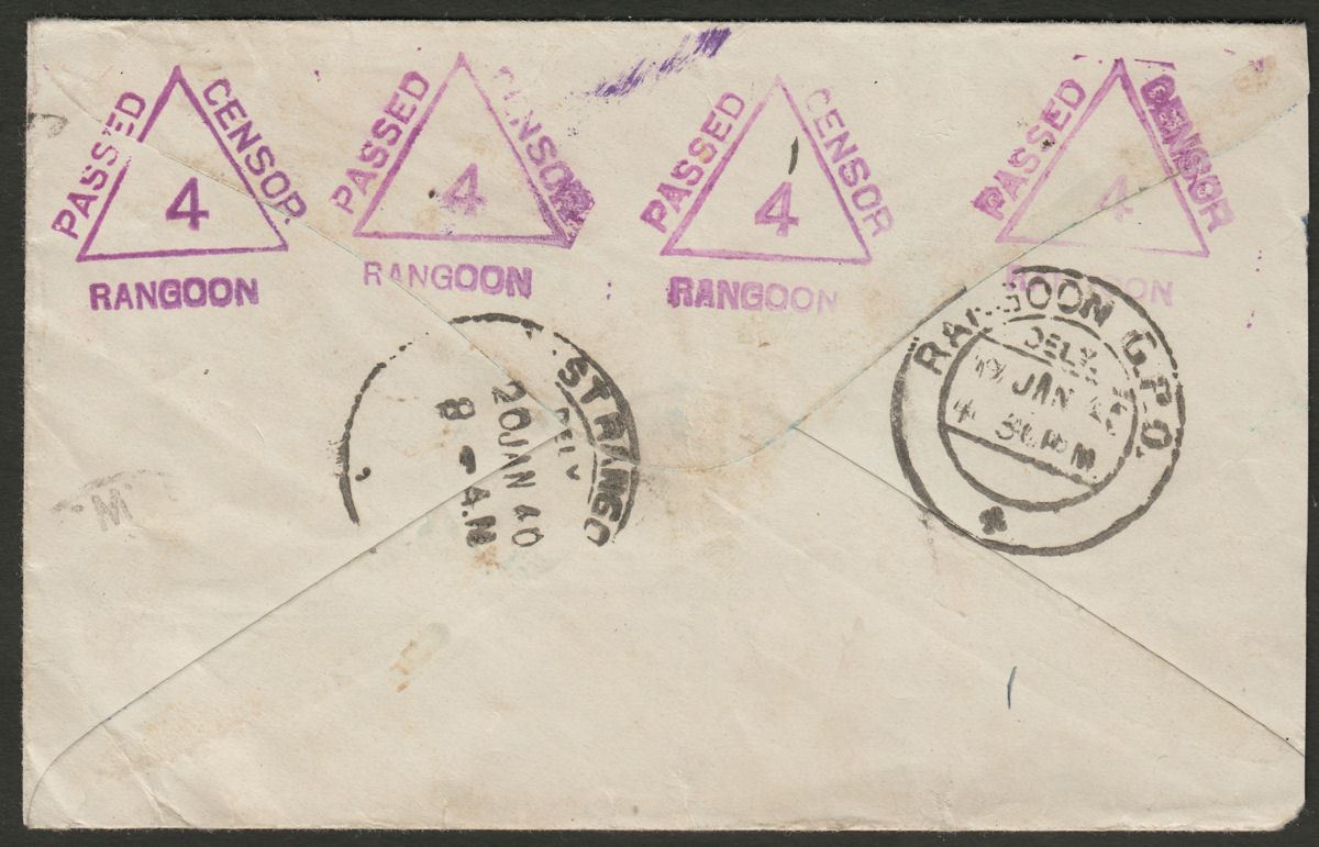 Australia 1939 KGVI 2d Used on Multi Censor Mark Cover KYOGLE to Rangoon, Burma