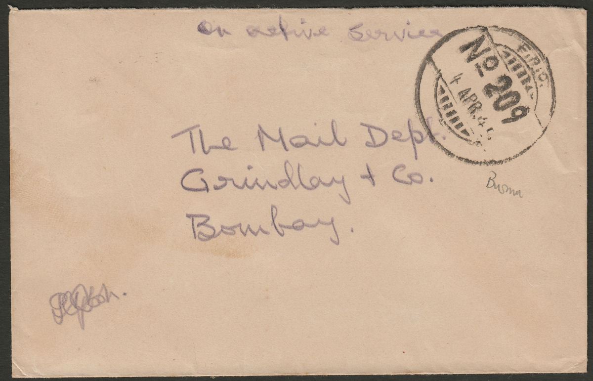 Indian Army FPO No 209 1945 Unstamped Cover Ramree Island, Burma to Bombay