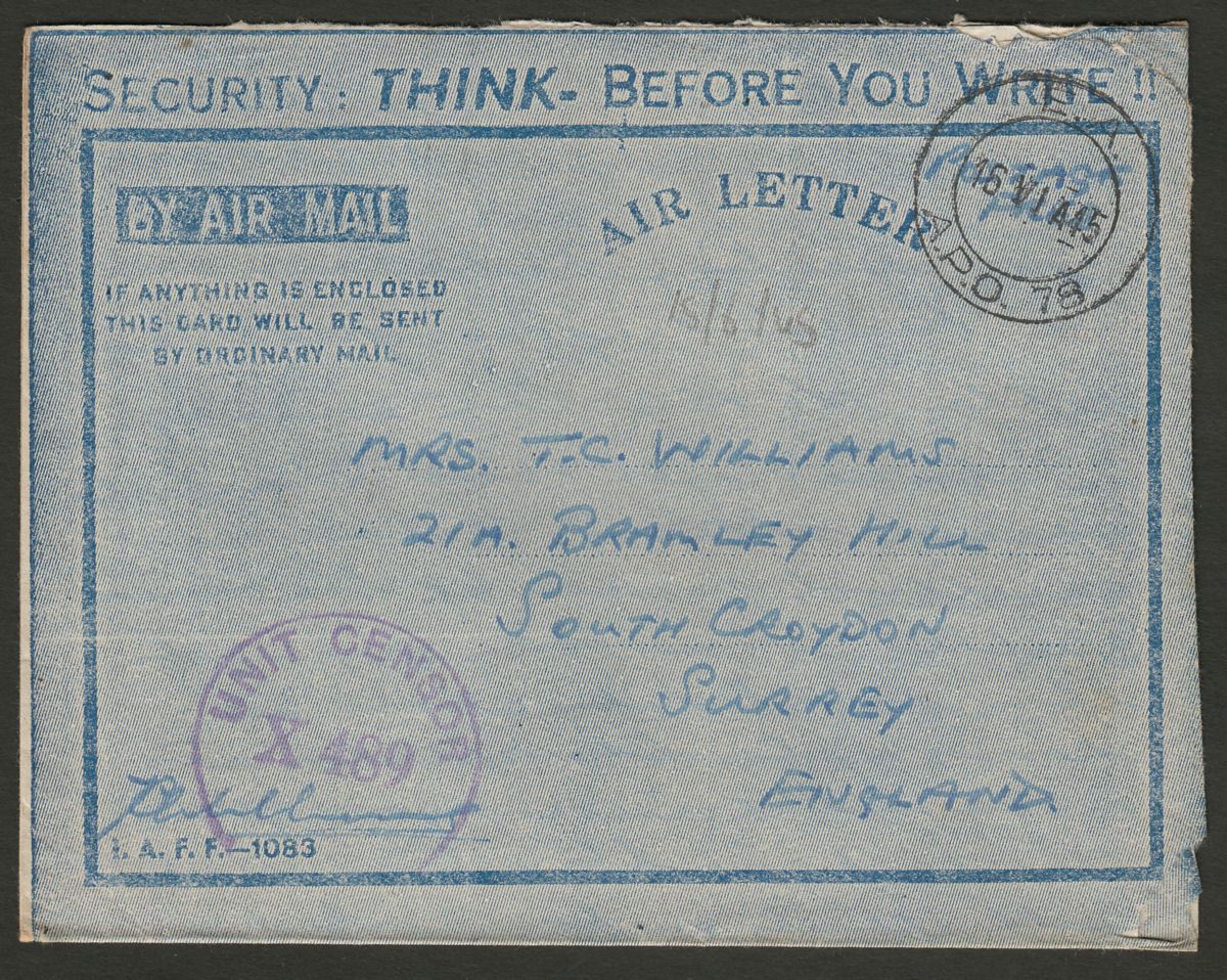 East African APO No 78 1945 Unstamped Air Letter Taungup, Burma to UK w Censor