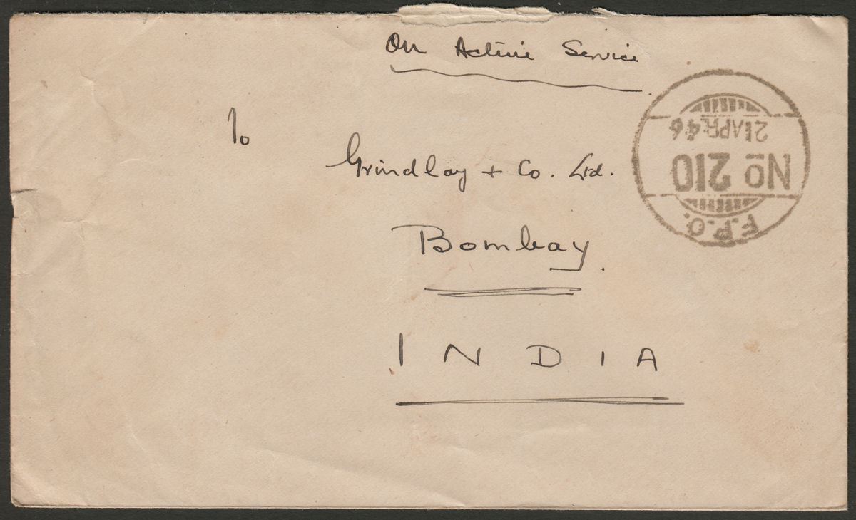 Indian Army FPO No 210 1946 Unstamped Cover Myitche, Burma to Bombay