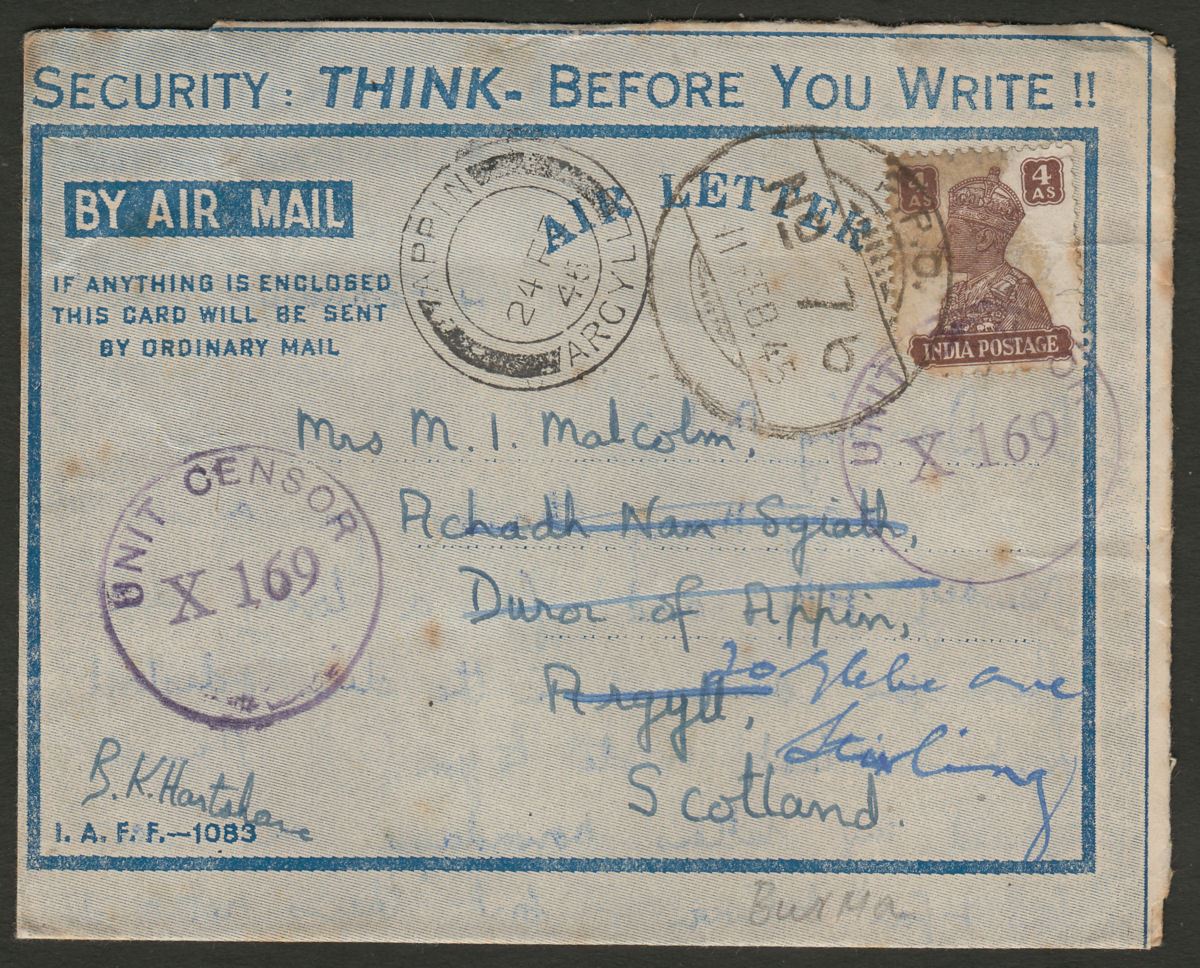 Indian Army FPO No 76 1945 KGVI 4a Used Airletter Wundwin Area, Burma - Duror UK