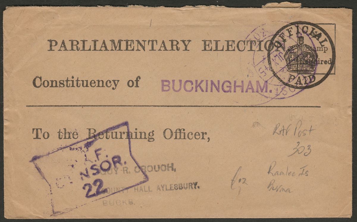 RAF Post PO No 303 1945 Unstamped Election Cover Ramree Island, Burma - UK