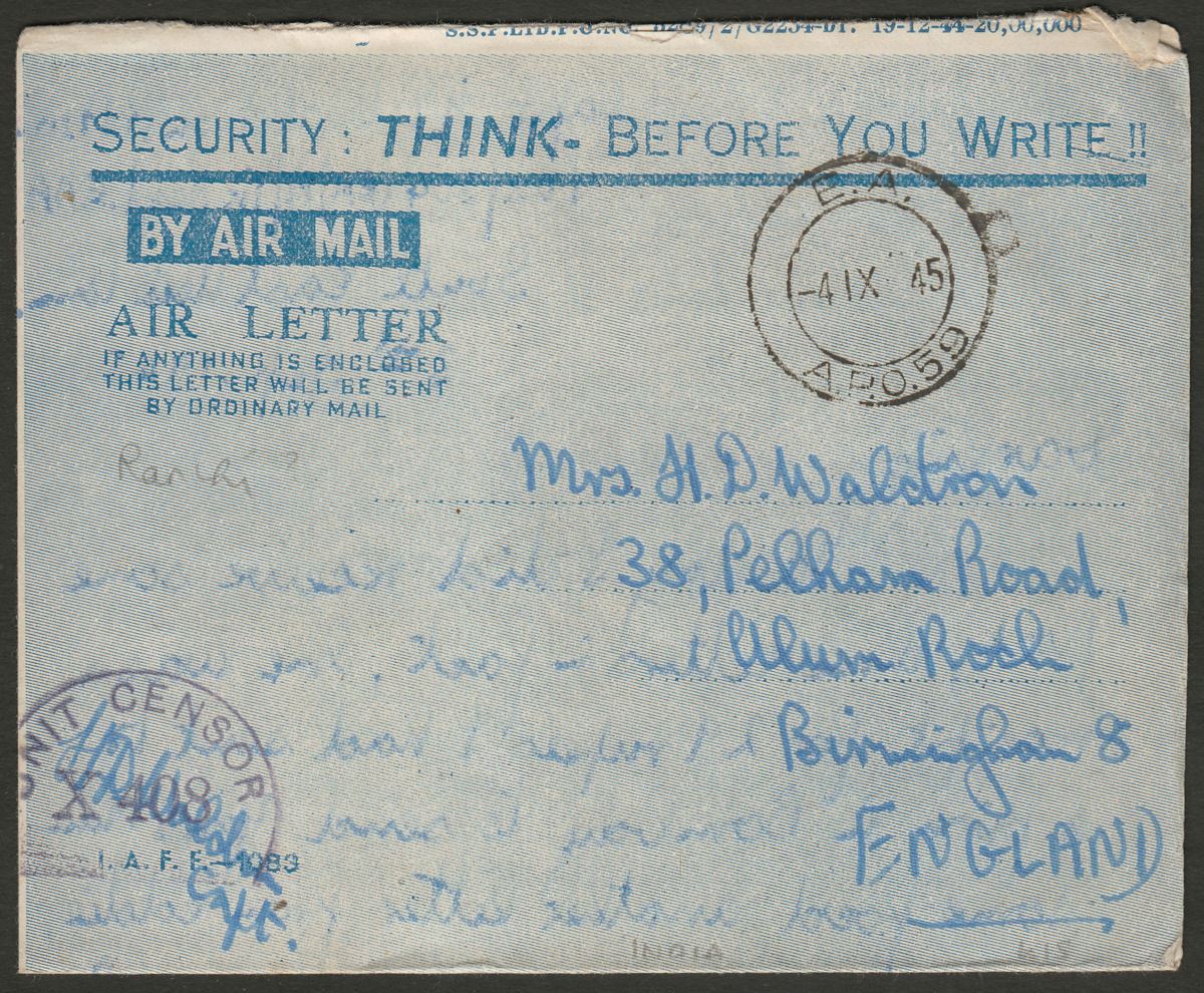 East African APO No 59 1945 Unstamped Air Letter Ranchi, India - UK w Censor