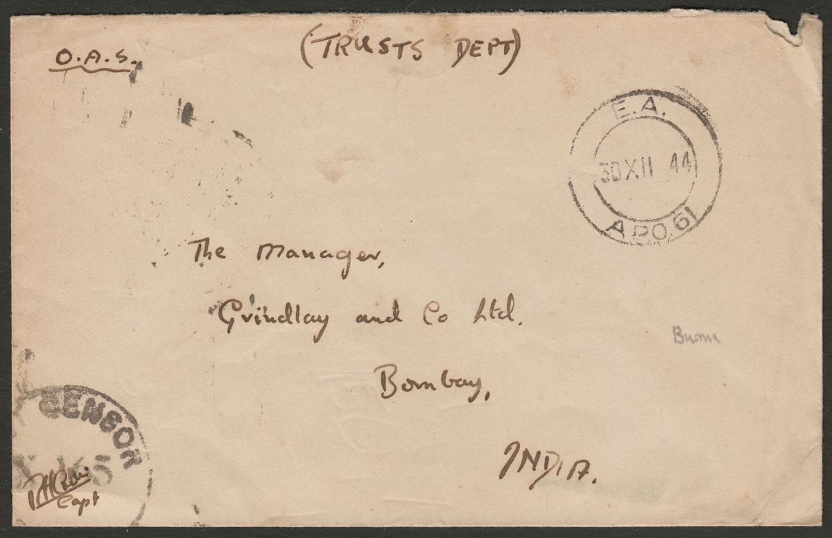East African APO No 61 1944 Unstamped OAS Cover Bokajan - Bombay, India w Censor