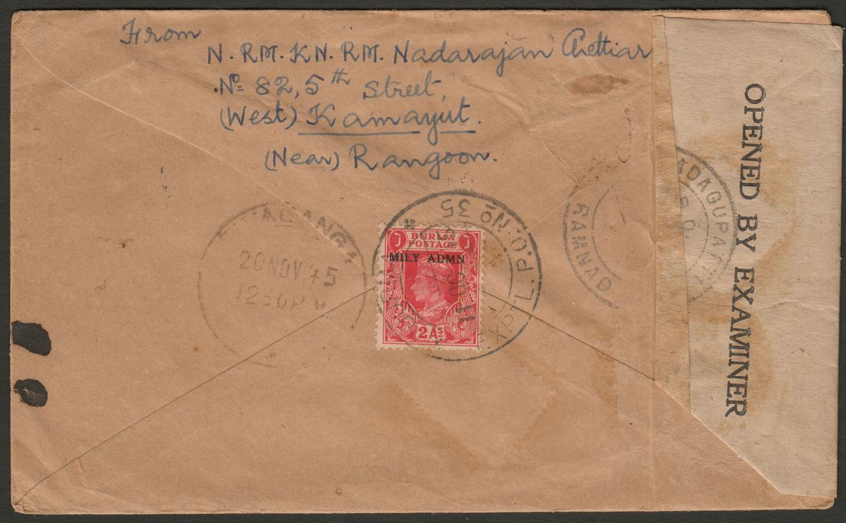 Burma 1945 KGVI MILY ADMIN Opt 2a Used Censor Cover Kamayut EXPTL PO 35 to India