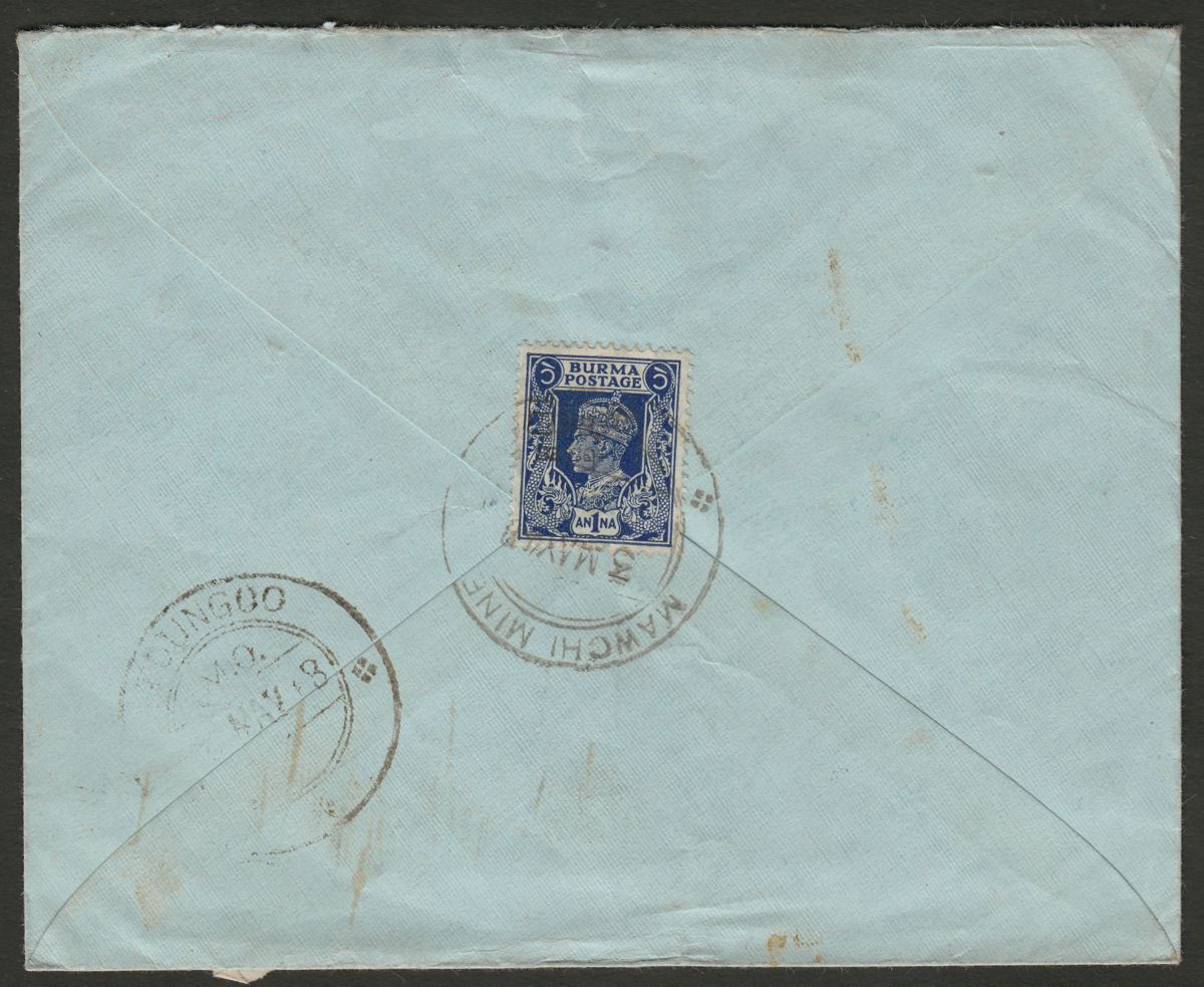 Burma 1948 KGVI 8a 2a6p x3 1a Used Reg Cover MAWCHI MINES postmarks to UK
