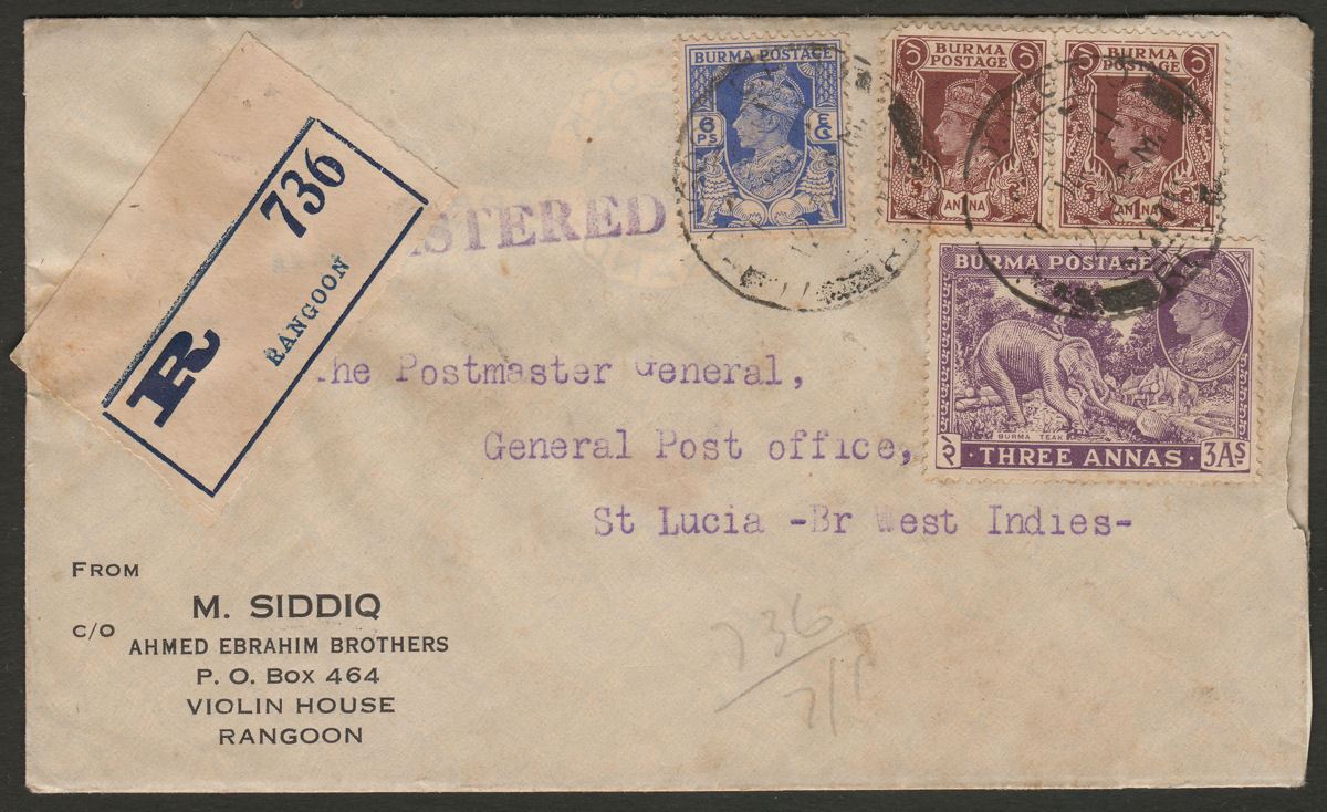 Burma 1941 KGVI 3a, 1a x2, 6p Used Registered Cover to St Lucia