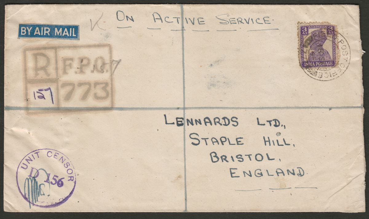 GB Army 1945 Field Post Office 773 India 3a Used on Registered Cover Burma to UK