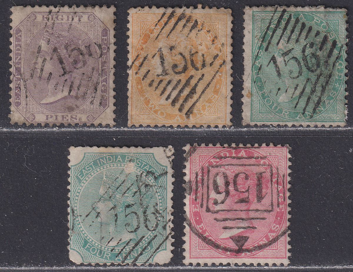 India used Burma 1860-68 QV Selection to 8a Used with 156 Rangoon Postmarks