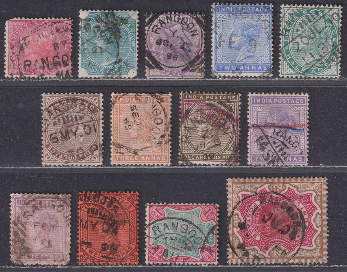 India used Burma 1868-95 QV Selection to 2r Used with RANGOON Postmarks