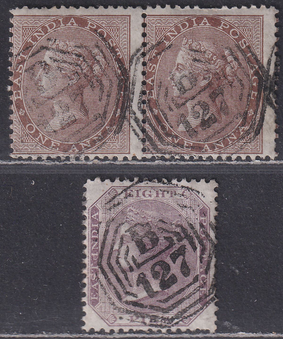 India used Burma 1856-60 QV 1a Pair, 8p Used with Moulmein B/127 Postmark