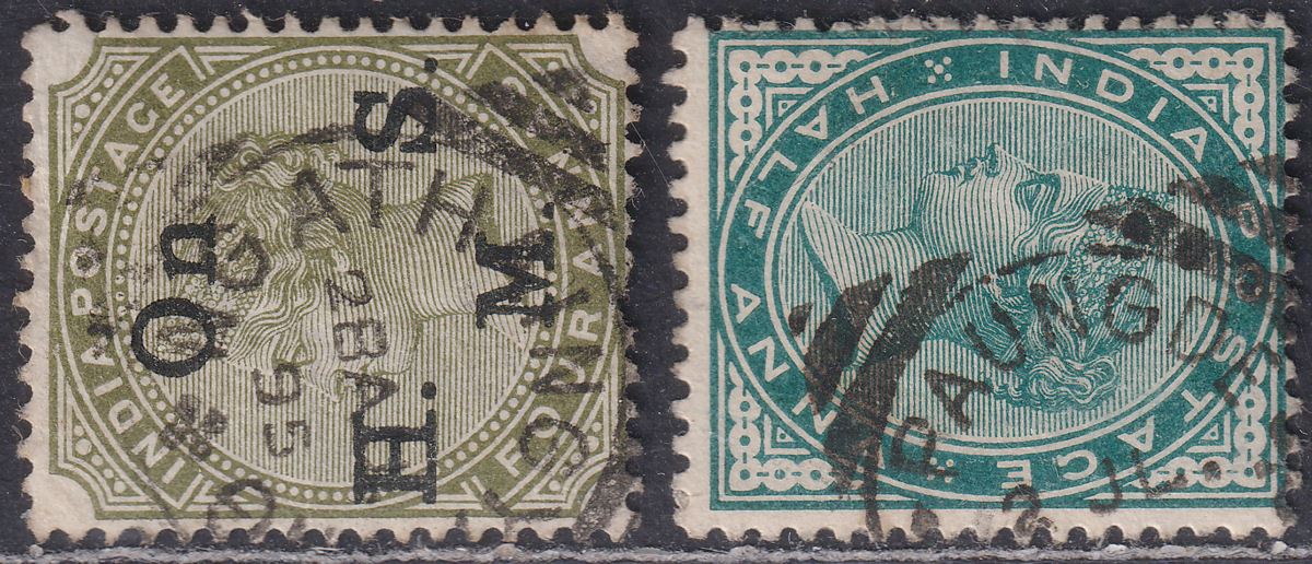 India used Burma 1882-83 QV ½a Official 4a w NGATHAING YAUNG / PAUNGDE Postmarks