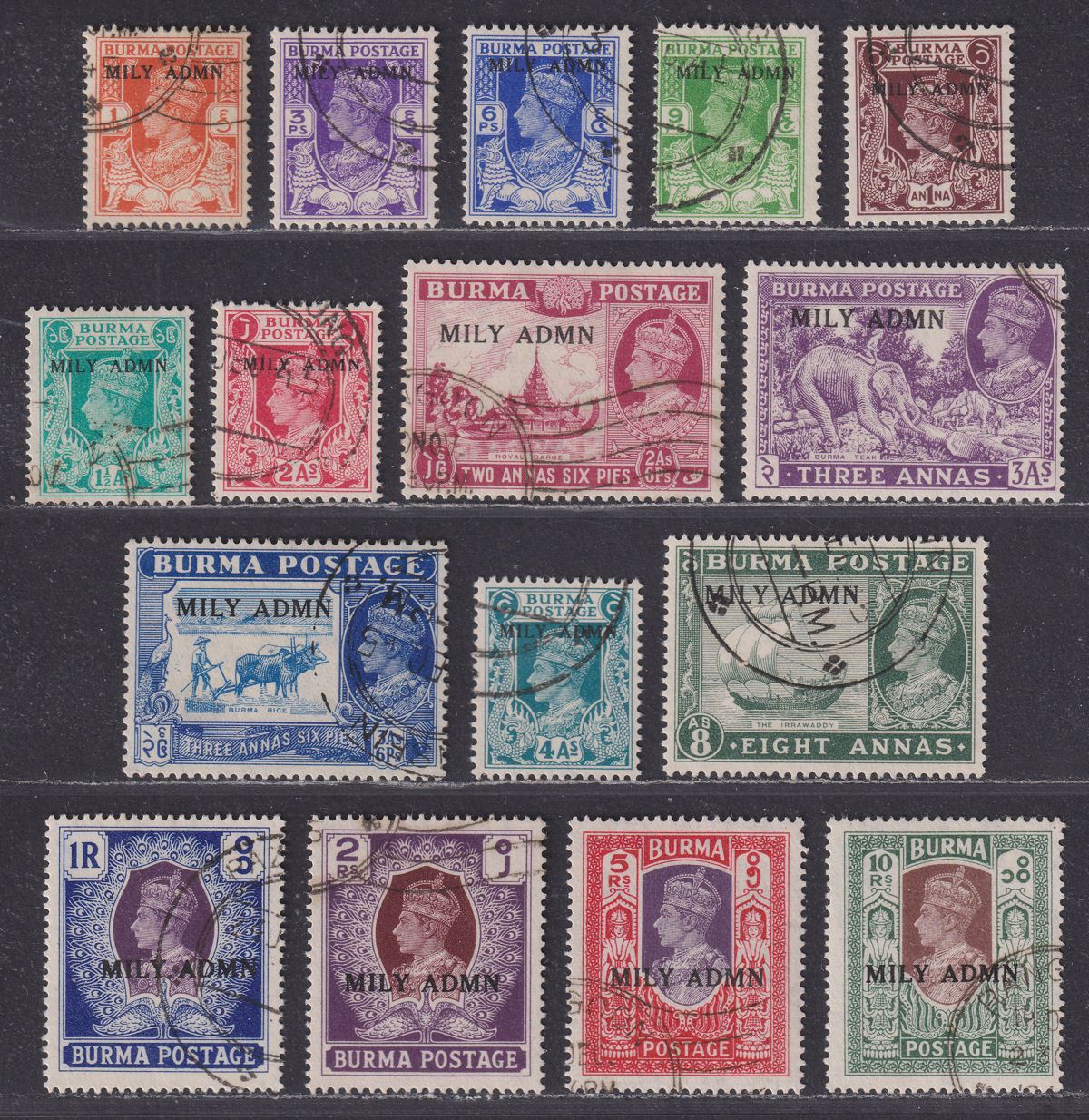 Burma 1945 KGVI Military Administration Overprint Set Used SG35-50 cat £16