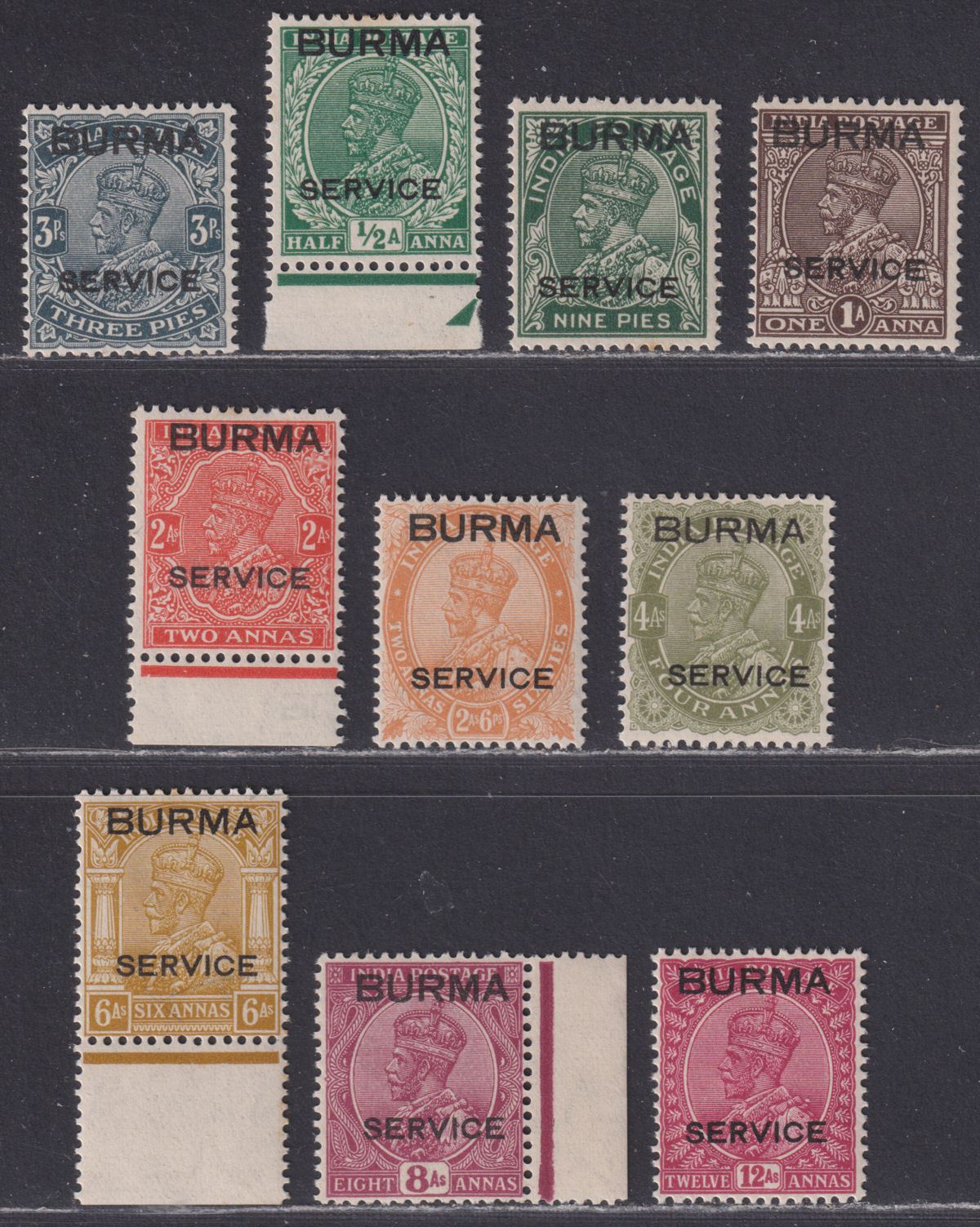 Burma 1937 KGV Official Service Overprint Set to 12a Mint SG O1-O10 cat £150