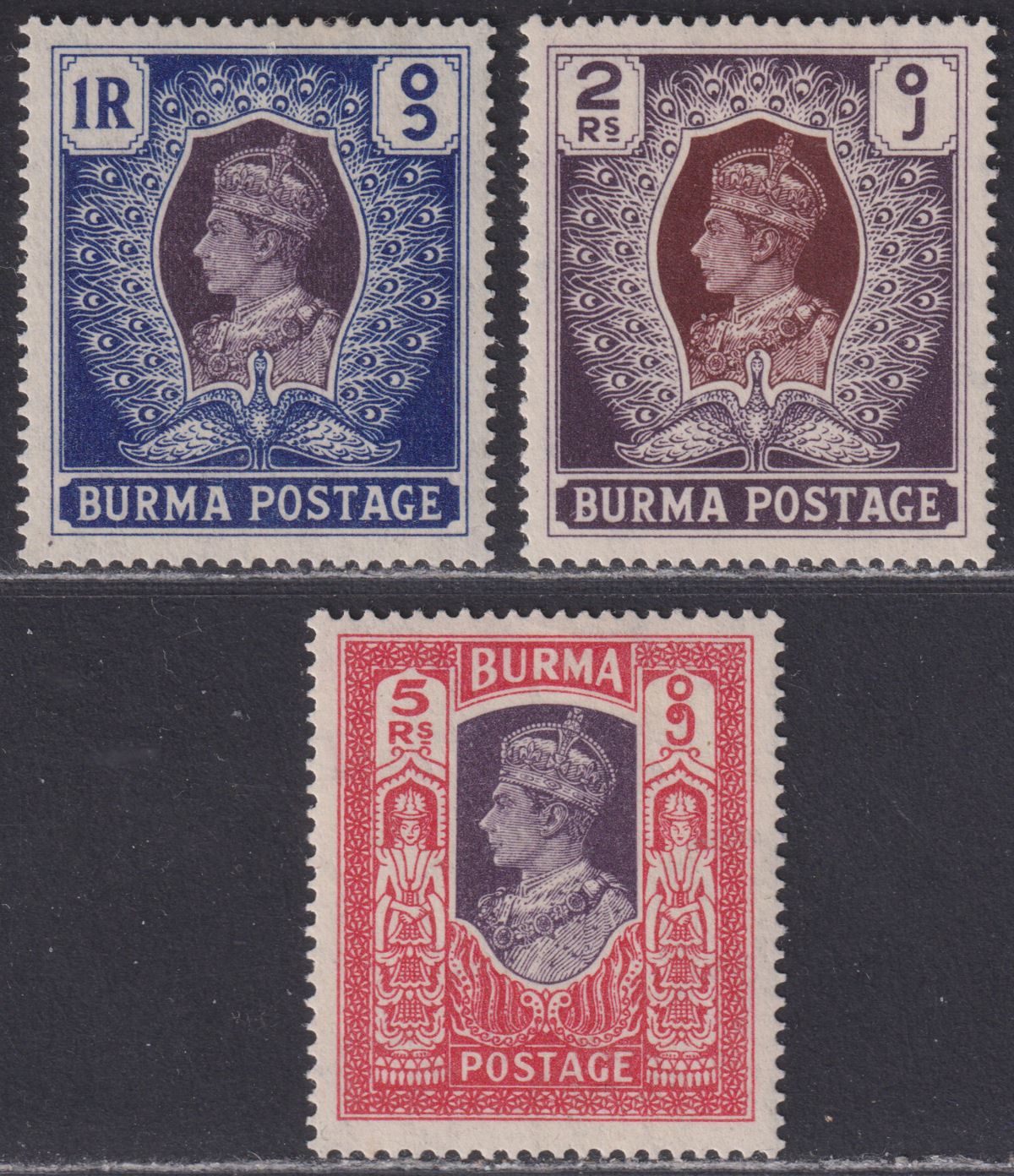 Burma 1938 King George VI 1r, 2r, 5r Mint SG30-32 cat £110