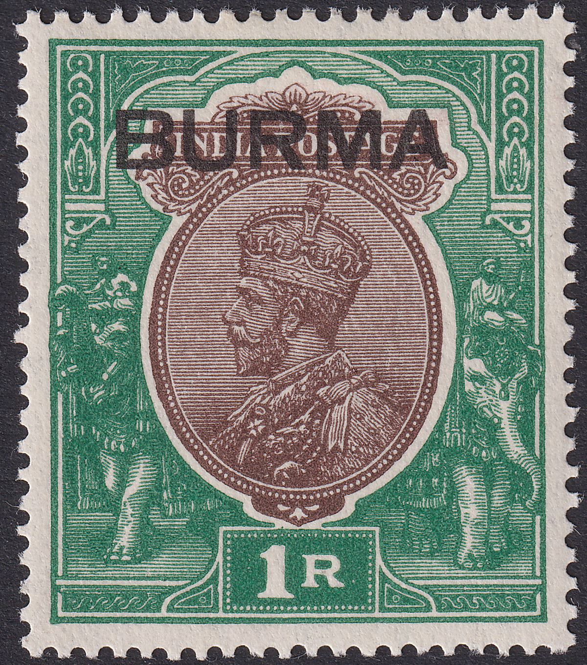 Burma 1937 KGV Opt on India 1r Chocolate and Green Mint SG13 cat £70