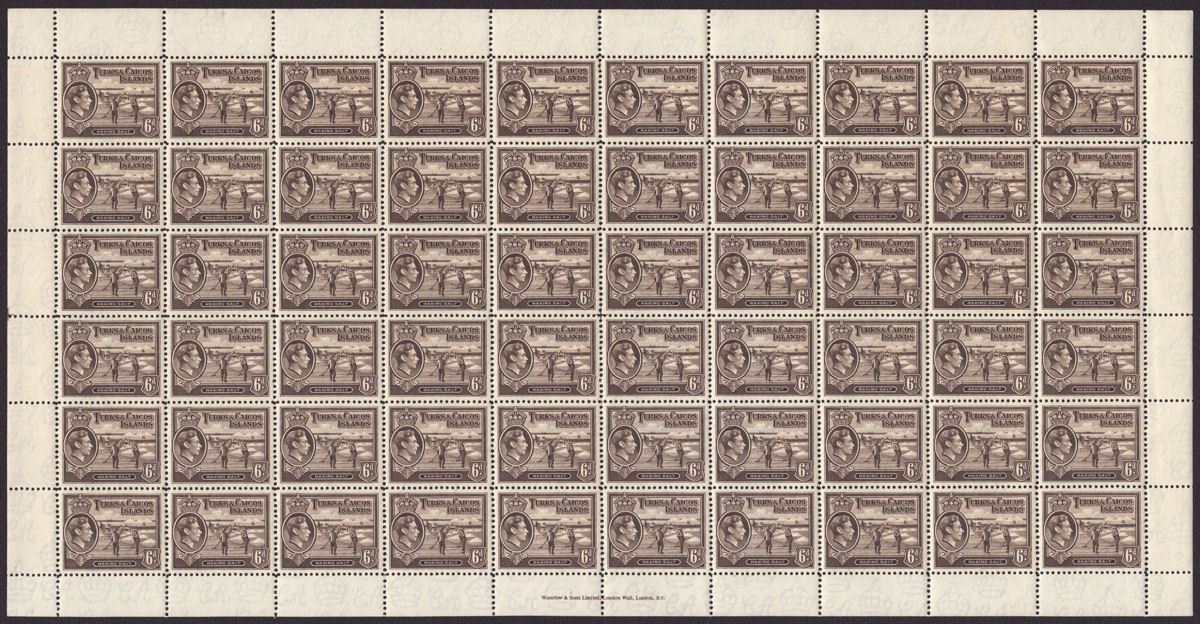 Turks and Caicos Islands 1945 KGVI 6d Sepia Full Sheet of 60 Mint SG201a