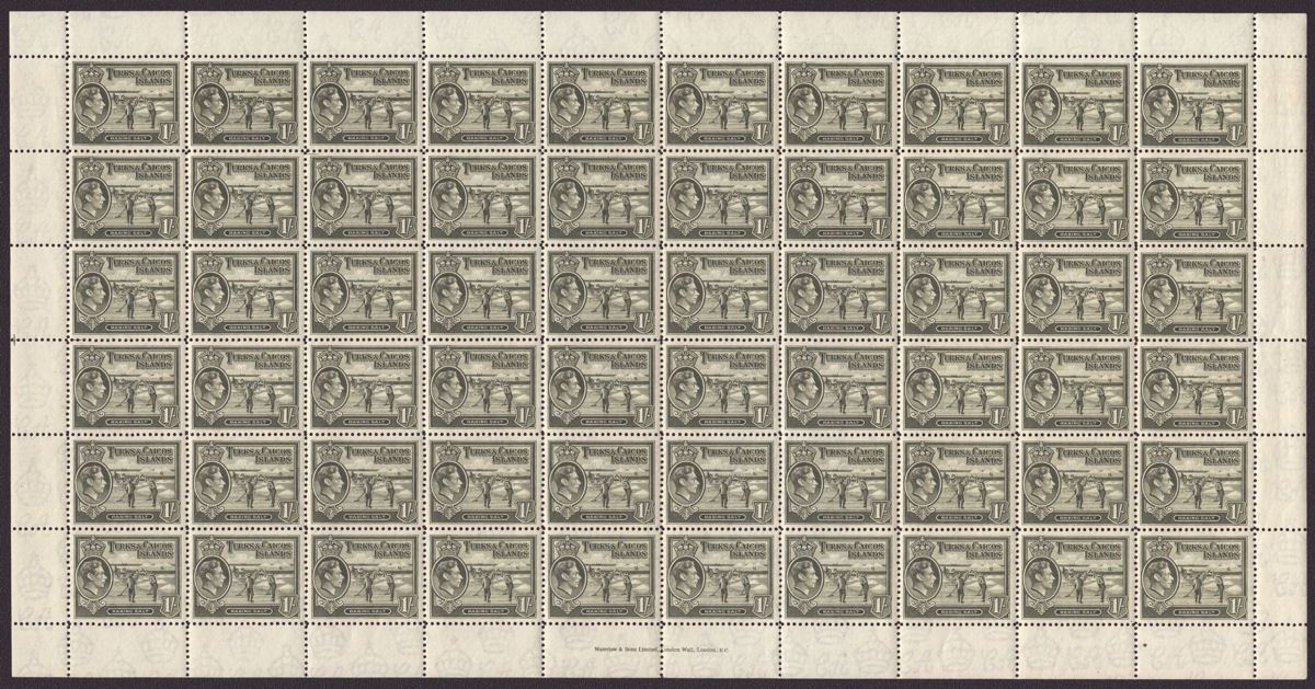 Turks and Caicos Islands 1945 KGVI 1sh Grey-Olive Full Sheet of 60 Mint SG202a
