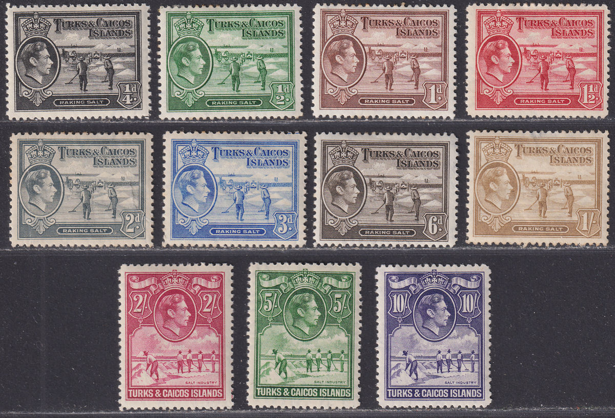 Turks and Caicos Islands 1938 KGVI Raking Salt Part Set to 10sh Mint - FAULTS