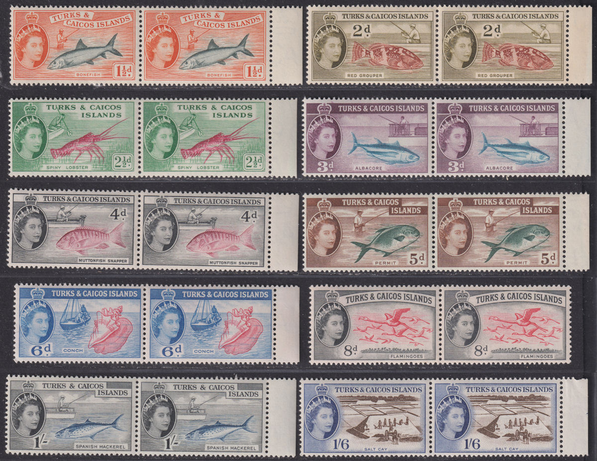Turks and Caicos Islands 1957 QEII Pairs to 1sh6d Part Set Mint