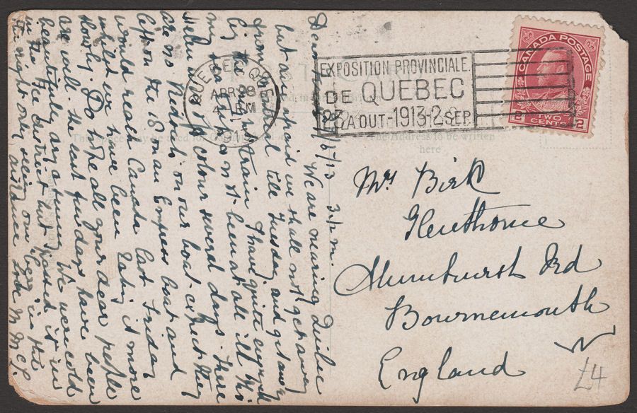 Canada 1913 KGV  2c Postcard SS Lake Manitoba Used to UK Quebec Expo postmark