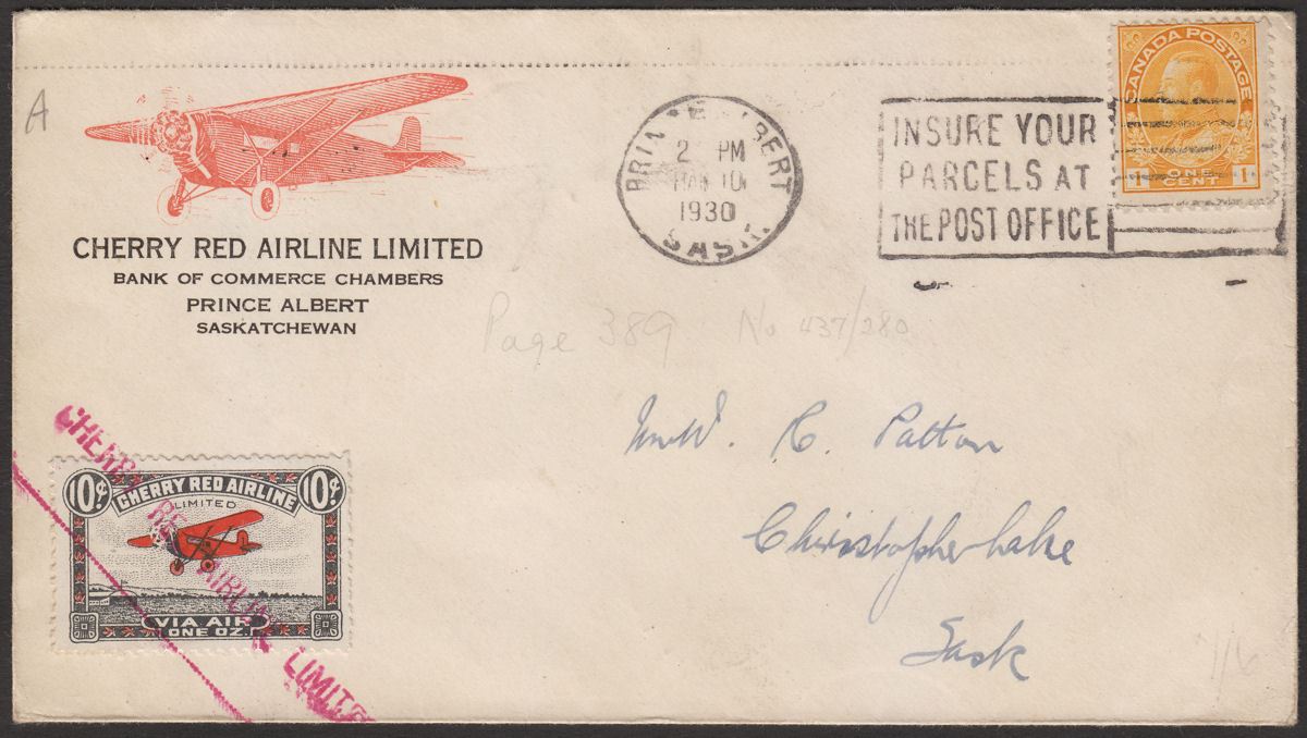 Canada 1930 KGV 1c + Cherry Red Airline 10c Used on Cover Prince Albert Postmark