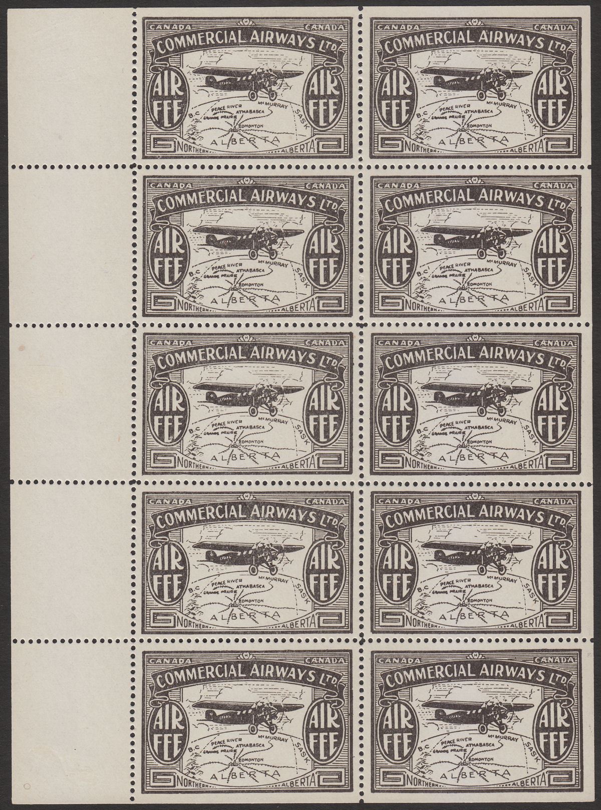 Canada 1929 Commercial Airways Ltd, Northern Alberta 10c Pane Mint Unitrade CL4