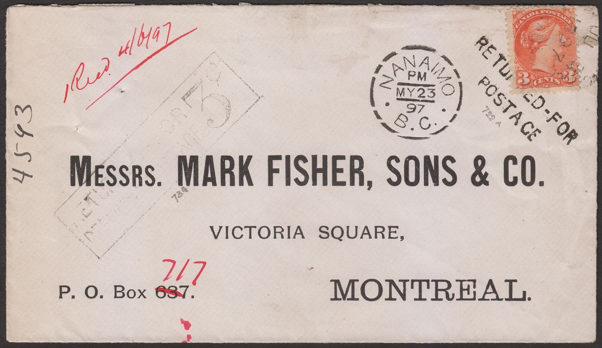 Canada 1897 QV 3c Cover Used Namaimo to Montreal with Dead Letter Office Mark