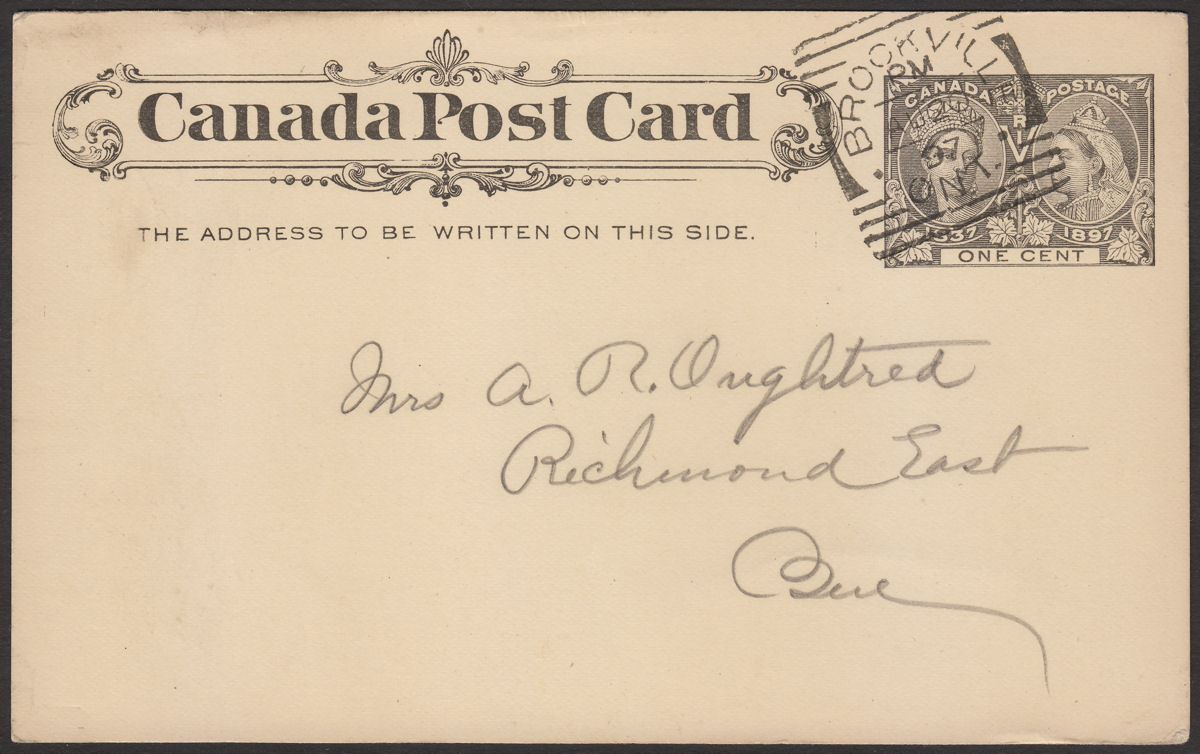 Canada 1897 QV Jubilee 1c Postal Stationery Postcard Used w BROOKVILLE Postmark