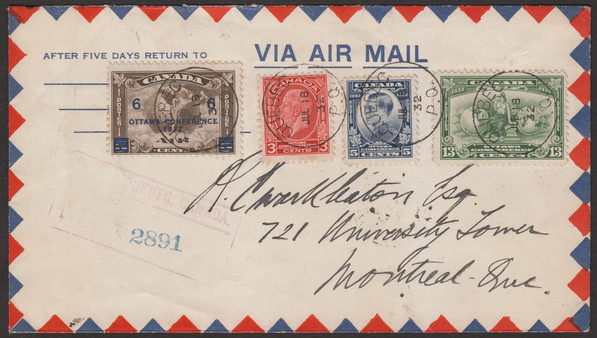 Canada 1932 KGV Ottawa Conference Set Used on Airmail Cover Quebec to Montreal