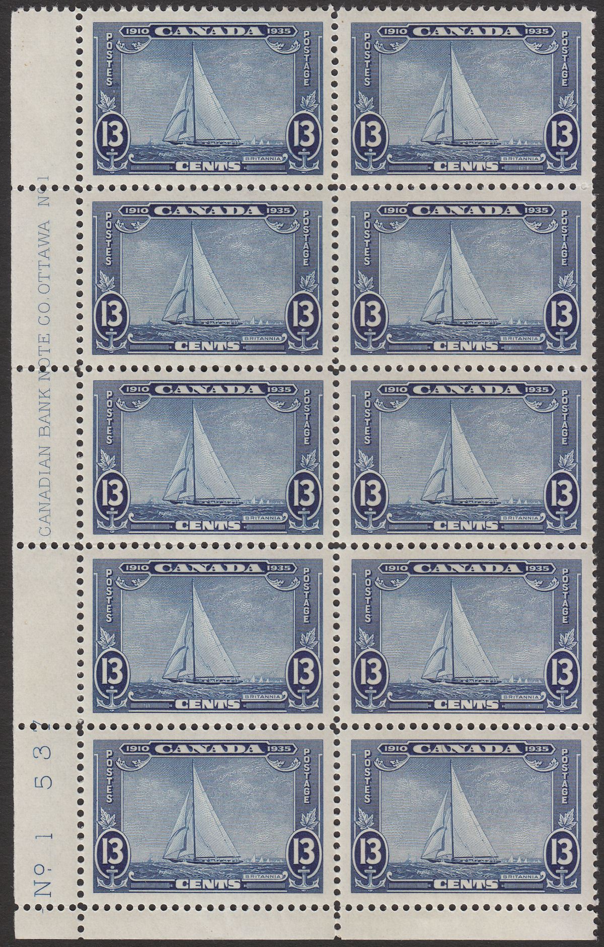 Canada 1935 KGV Silver Jubilee Royal Yacht 13c Blue Block of 10 Mint SG340 c£160