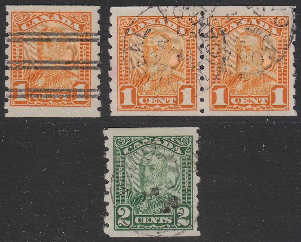 Canada 1928 KGV 1c Orange, 2c Green Imperf x Perf 8 Coil Used SG286-287