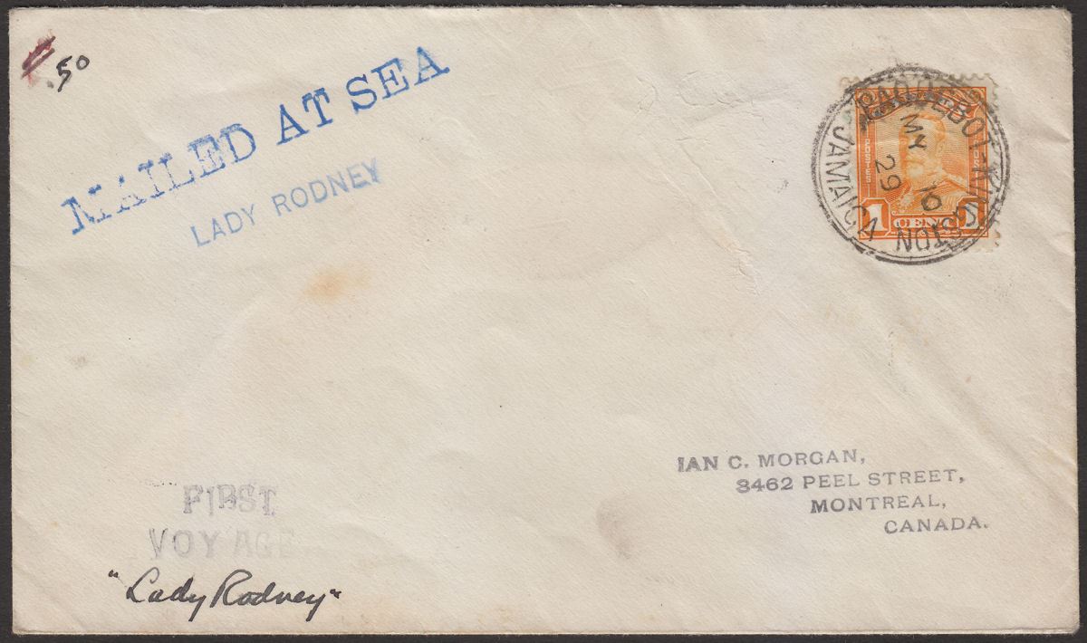 Canada 1929 KGV 1c Lady Rodney First Voyage Cover PAQUEBOT-KINGSTON Jamaica