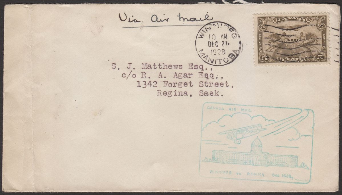 Canada 1928 KGV 5c Airmail Cover Used SG274 Winnipeg to Regina with Cachet