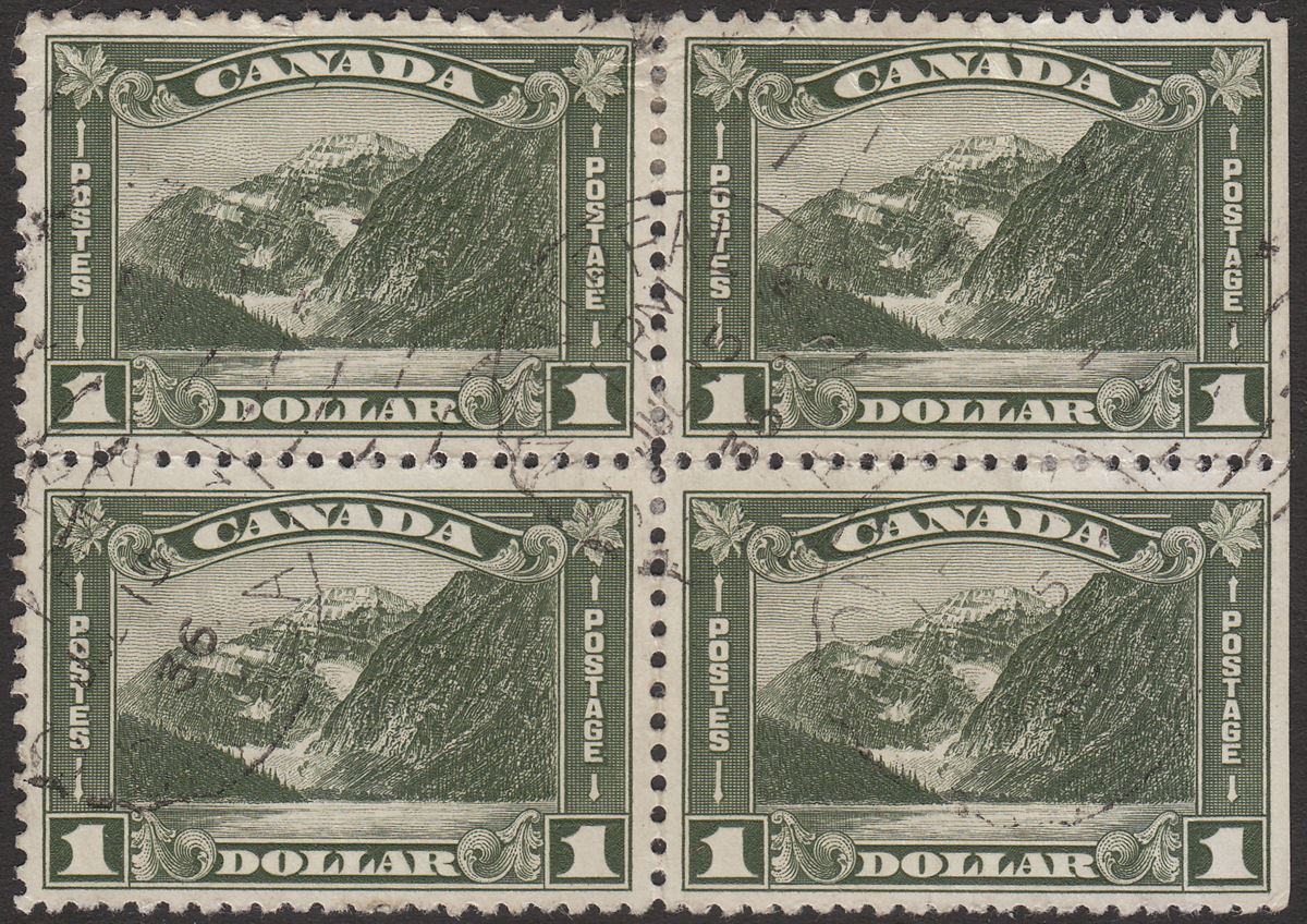 Canada 1930 KGV Mount Edith Cavell $1 Olive-Green Block of 4 Used SG303 cat £160