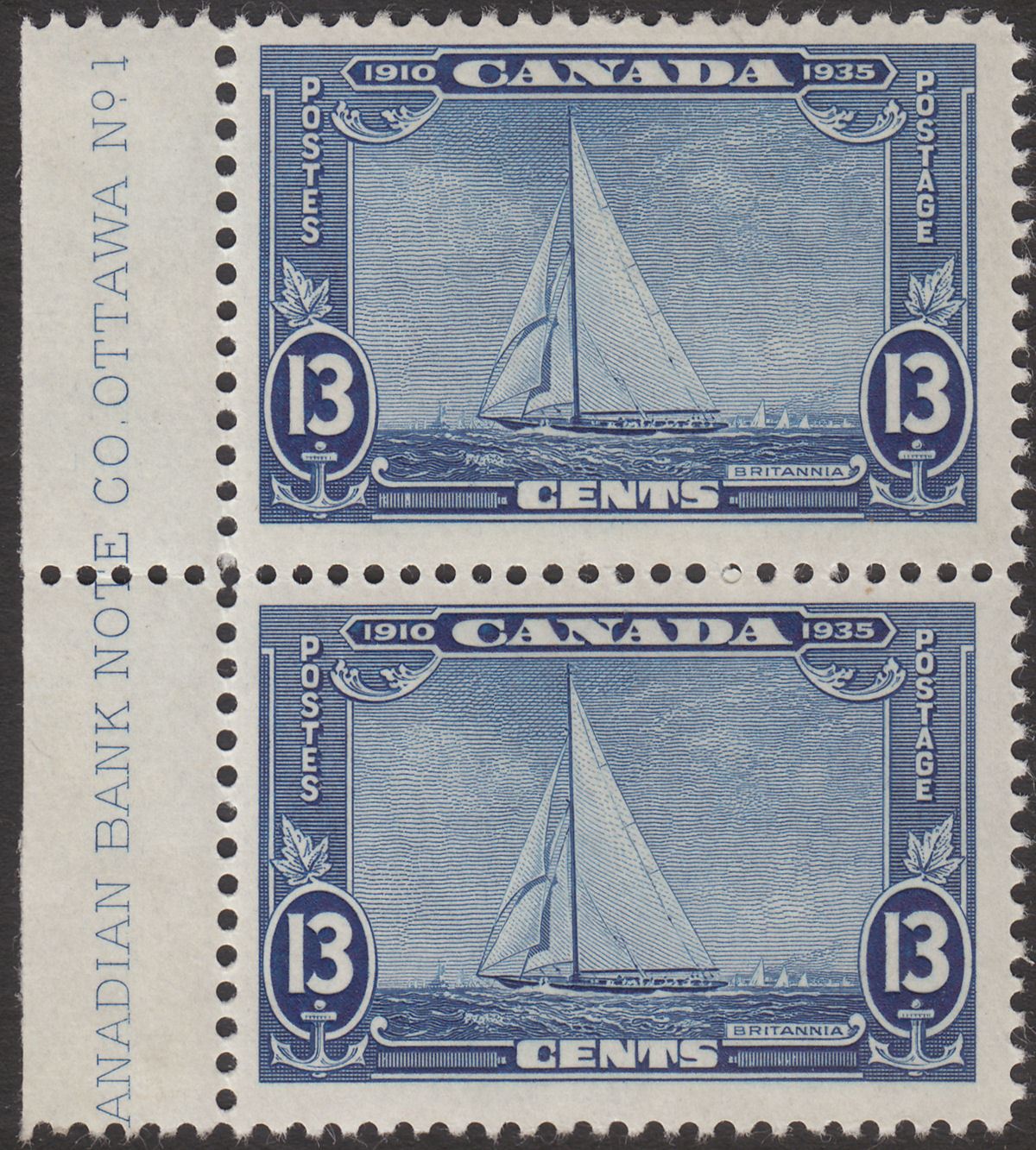 Canada 1935 KGV Silver Jubilee Royal Yacht 13c Blue Imprint Pair Mint SG340 c£32