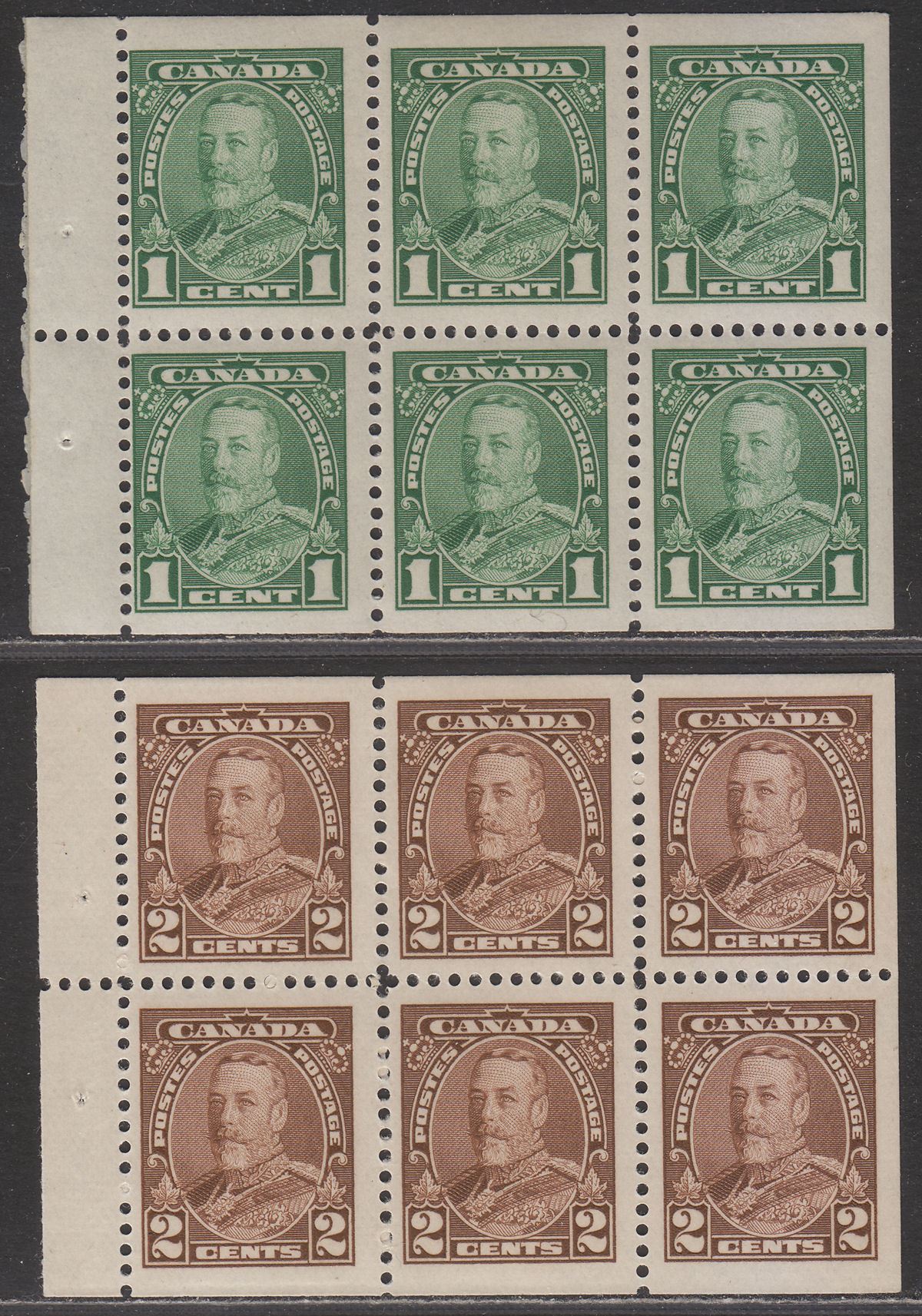 Canada 1935 KGV 1c Green, 2c Brown Booklet Panes of 6 Mint SG341a-342a cat £57