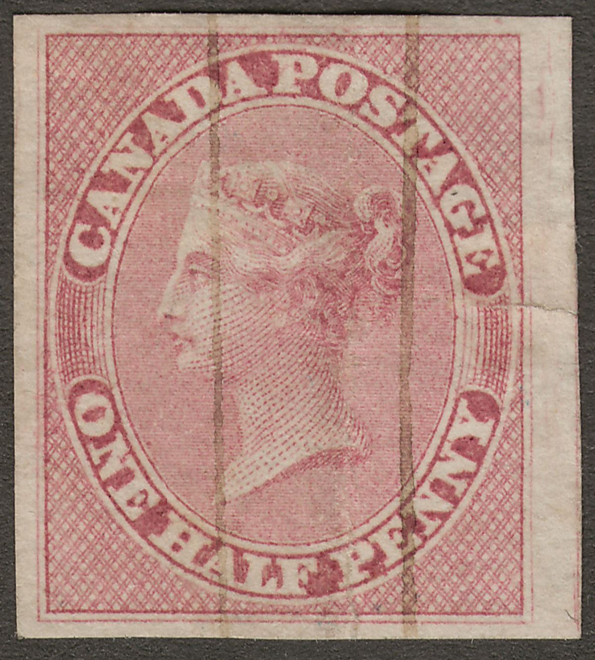 Canada Colony 1857 QV ½d Deep Rose Imperf Used cat £600 four margins tears fault